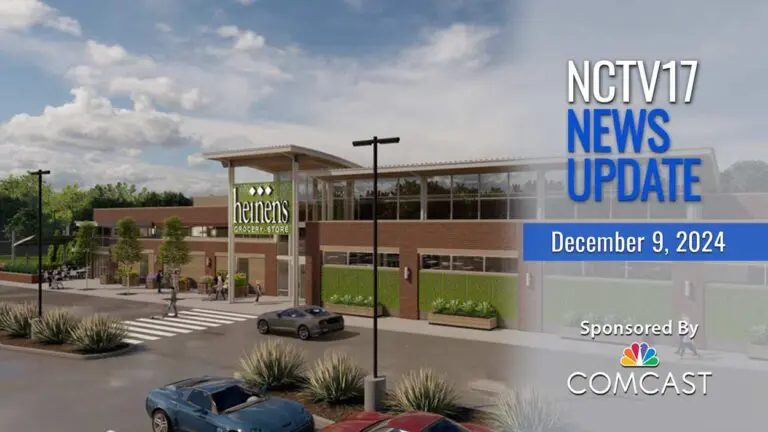 NCTV17 news update slate for December 9, 2024 with image of Heinen's store in background