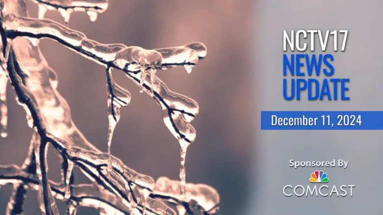 NCTV17 News update slate with iced covered branches due to arctic blast in background