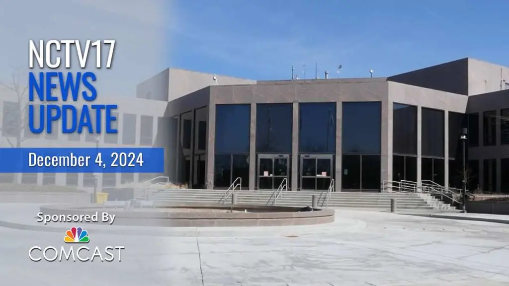 NCTV17 News Update slate for December 4, 2024 with Naperville City Hall in background for budget story