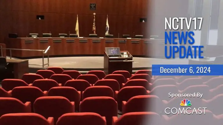 NCTV17 News Update slate for December 6, 2024 with empty council chambers in background for council candidate remaining on ballot story