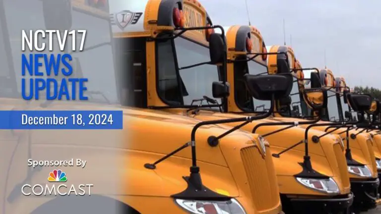 NCTV17 News Update slate for December 18, 2024 with row of buses in background for D203 levy story