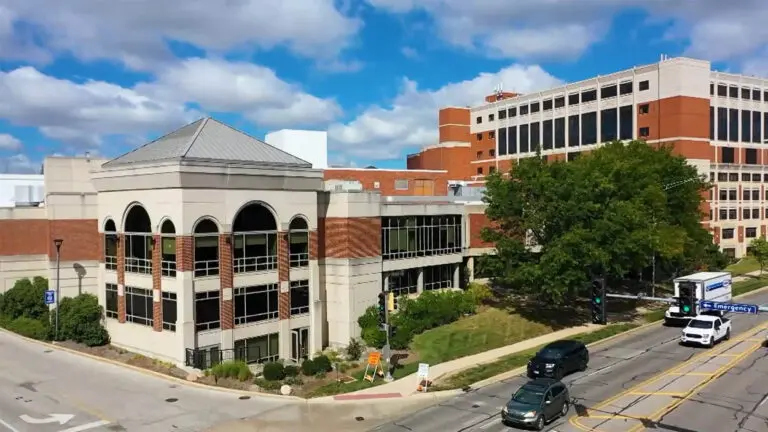 An aerial view of the south entrance of Edward Hospital.