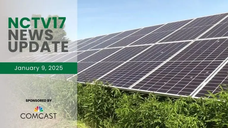 NCTV17 News Update slate for January 9, 2025 with solar panels in background for environmental forum lead story