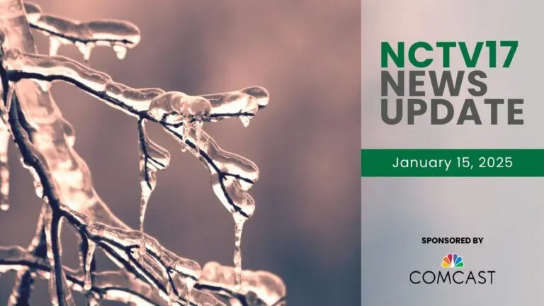 NCTV17 News Update slate for Jan. 15, 2025 with frozen ice on tree branches in background