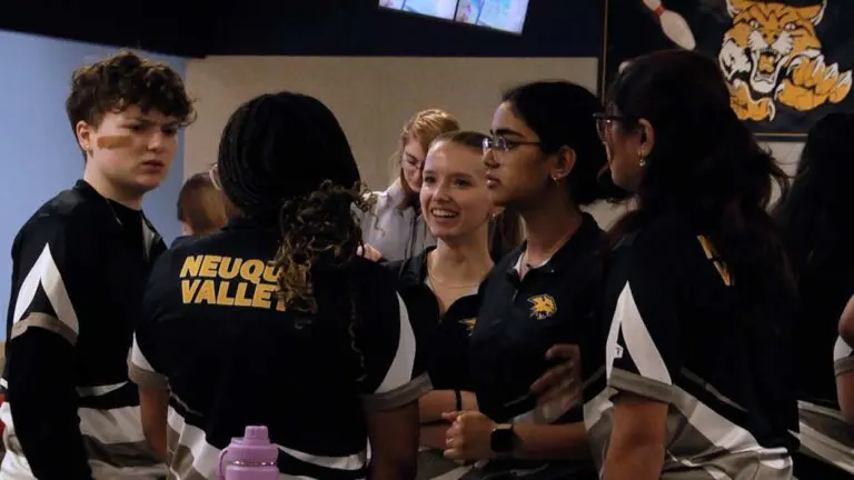 Neuqua Valley bowlers break down before playing Naperville North girls bowling.