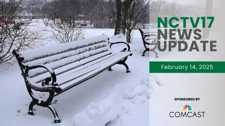 NCTV17 news update slate for February 14, with snow covered benches in cold in background