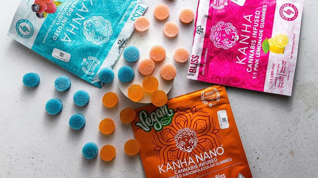 Close up of open packets of cannabis-infused gummies