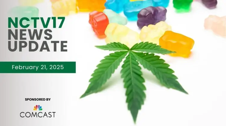 NCTV17 news update slate for February 21, 2024 with cannabis leaf and THC gummy bears in background for THC sales examined story