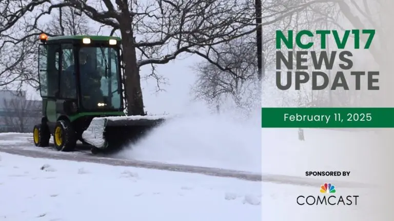 NCTV17 News Update slate for February 11, 2025 with small snowplow pushing snow in background