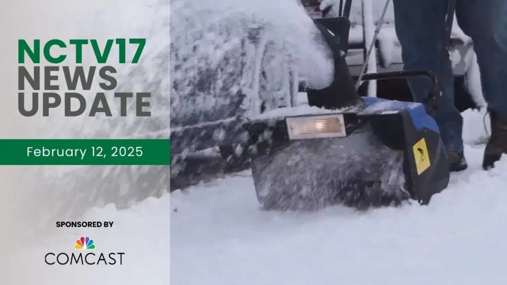 NCTV17 News Update slate for February 12 with image of snowblower blowing snow during winter weather in background