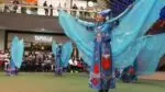 Dancer with arms outspread in colorful costume with blur wing fabric at Year of the Dragon celebration