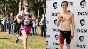 Two pictures of Aiden Hulett. One on the left of him running, and one on the right of him smiling after winning a race at Swimming Sectionals.