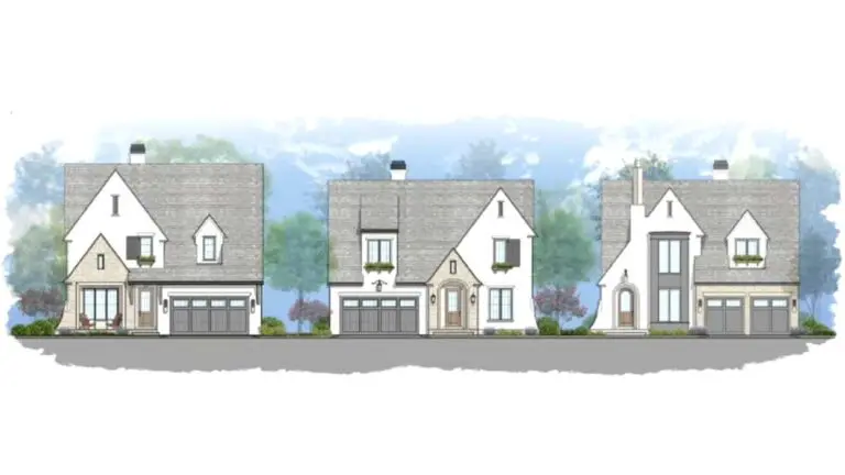 Mock up architectural rendering of three new Naperville single-family senior homes at proposed Charleston Place