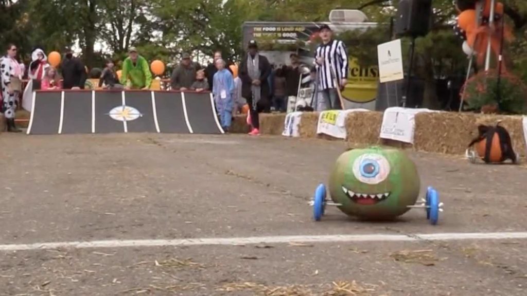 Minion pumpkin on the track at the Naperville Pumpkin Race