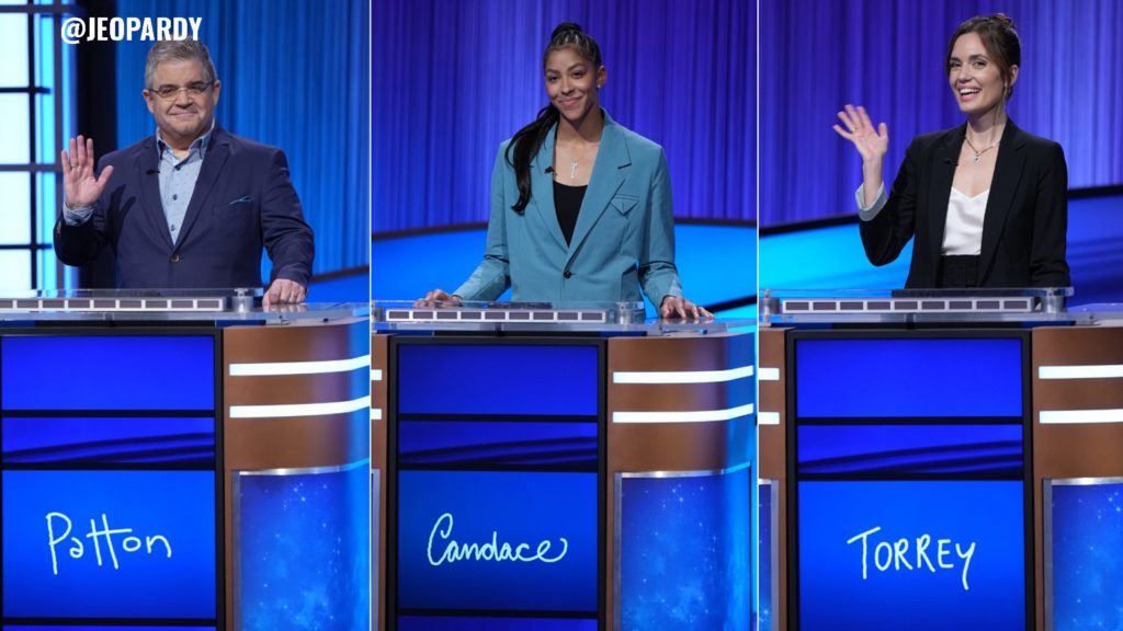 Candace Parker along with Patton Oswalt and Torrey DeVitto on the Celebrity Jeopardy! set