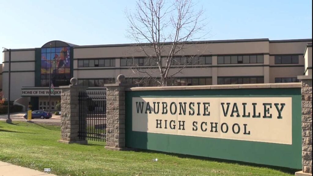 Wide shot of Waubonsie Valley High School, exterior