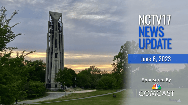 NCTV17 News Update slate for Jun3 6, 2023 with Moser Tower/Carillon in background.