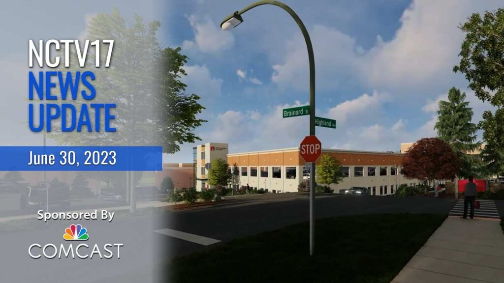 NCTV17 News Update slate for June 30, 2023 with rendering of new parking pavilion in background