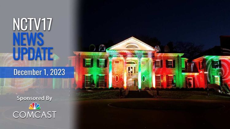 NCTV17 News Update slate for Dec. 1, 2023 with Christmas at Cantigny lit-up McCormick House in holiday colors in background