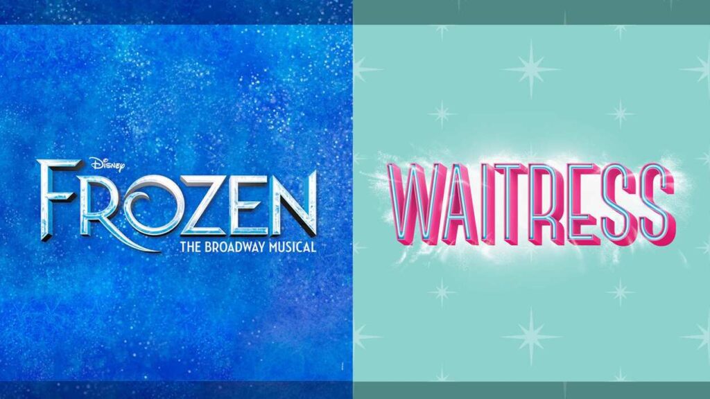 Advertising posters for Frozen and Waitress musicals making regional premieres at Paramount