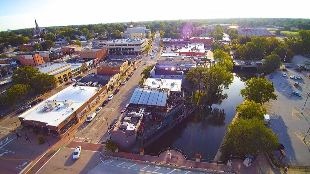 Drone overhead shot of downtown Naperville