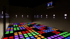 Rainbow colored lit up floors at Activate Games