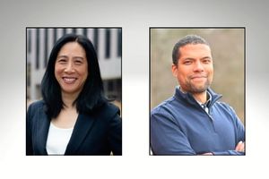 Headshots of Lucy Chang Evans and Baron Leacock