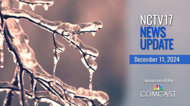 NCTV17 News update slate with iced covered branches due to arctic blast in background